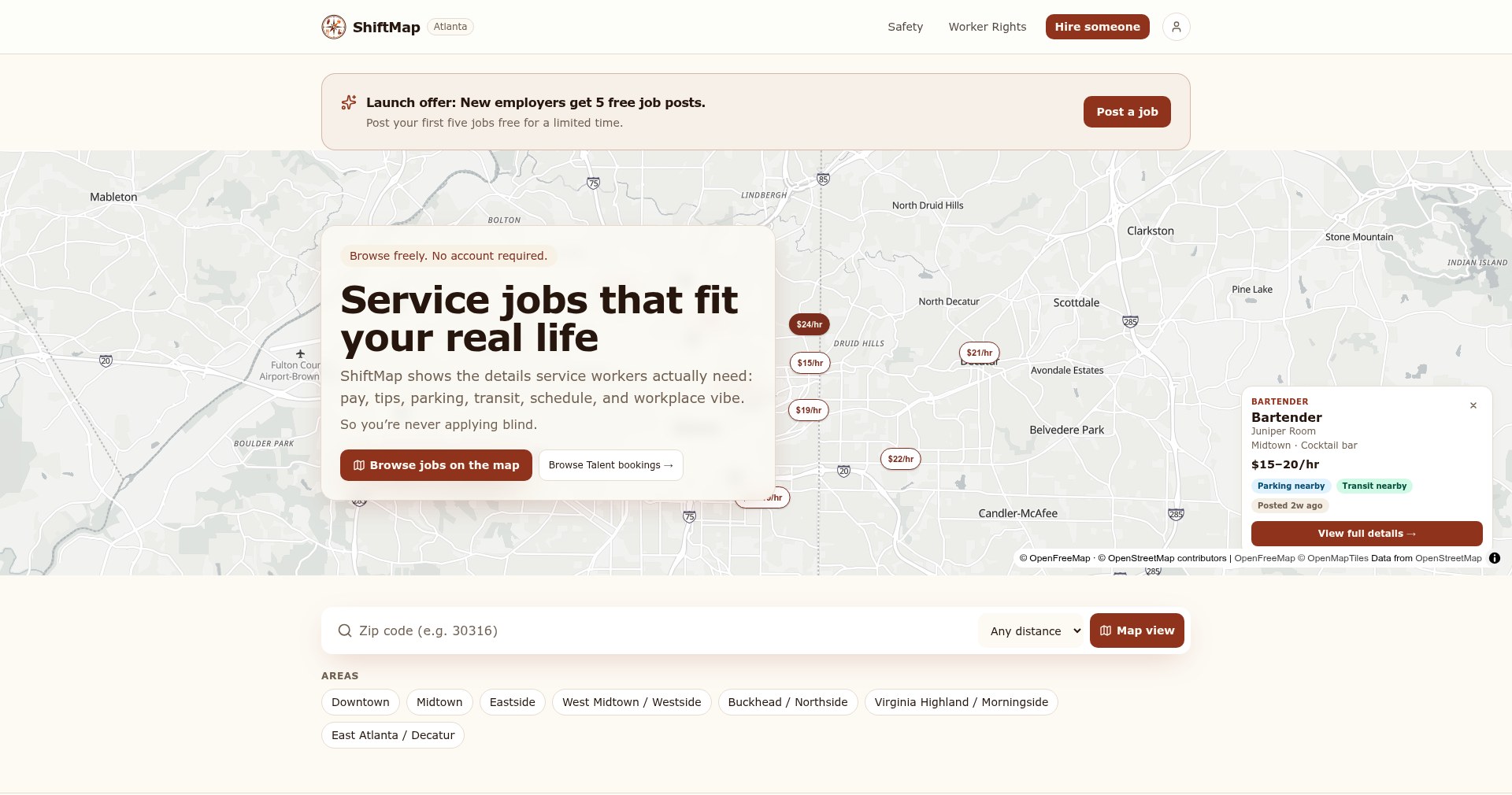 Screenshot of the ShiftMap website showing service industry jobs plotted on an Atlanta map with hourly pay markers