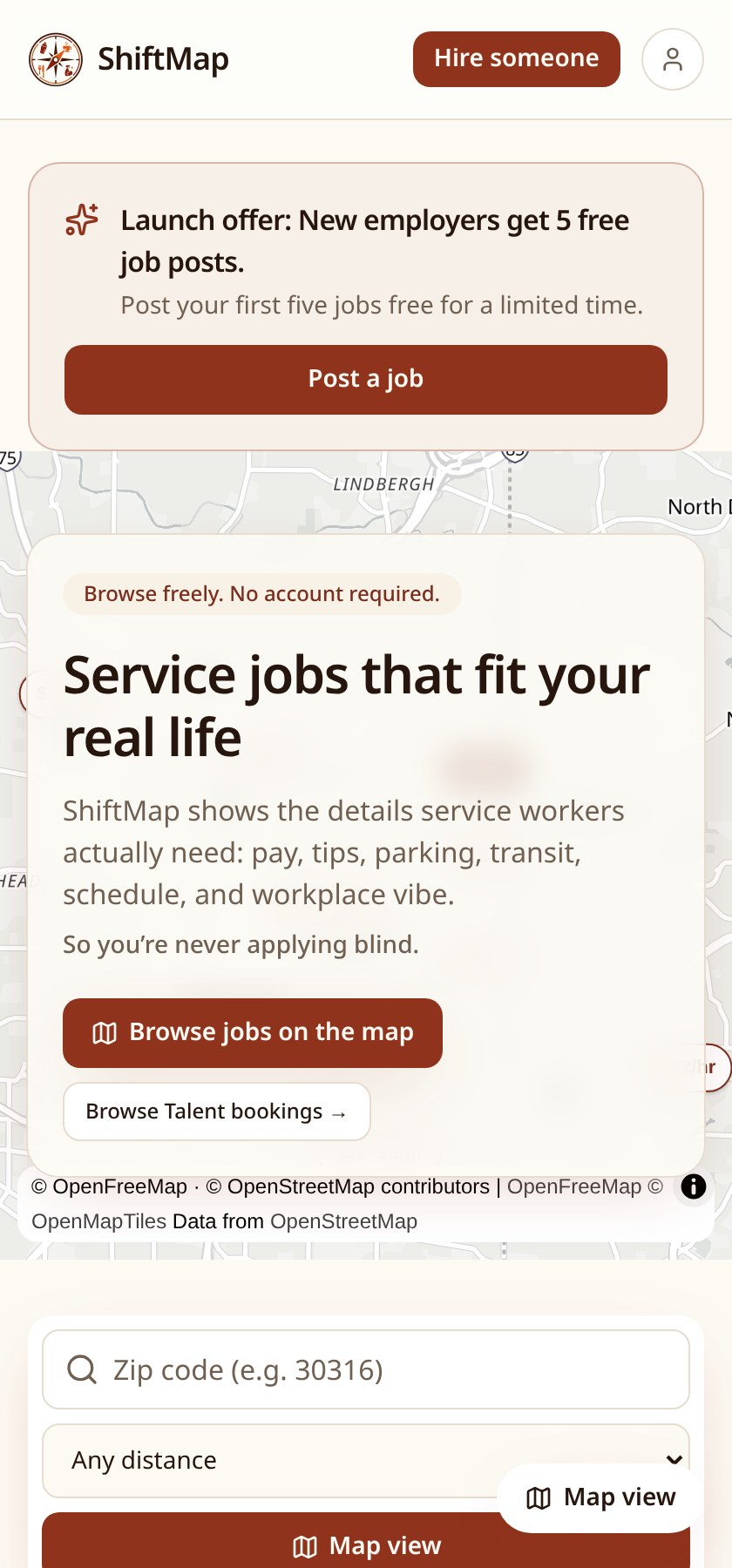 Screenshot of ShiftMap on a mobile screen showing the job map and search